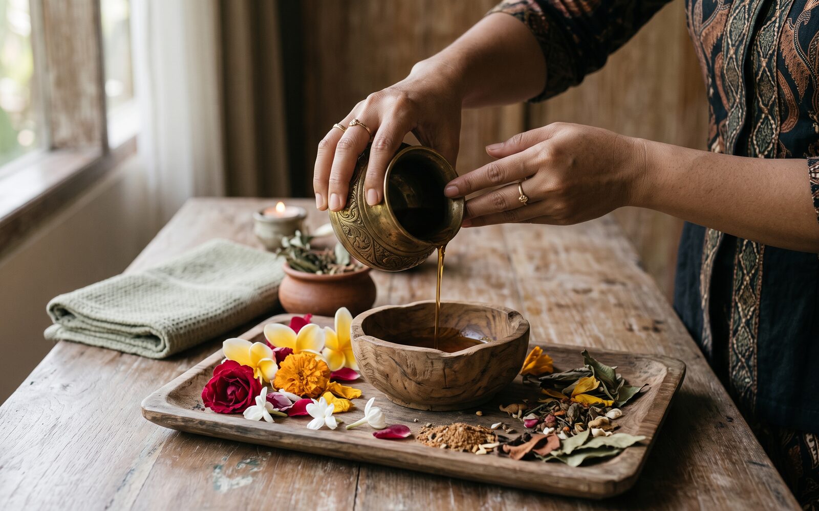Hands pouring herbal oil for a traditional wellness ritual