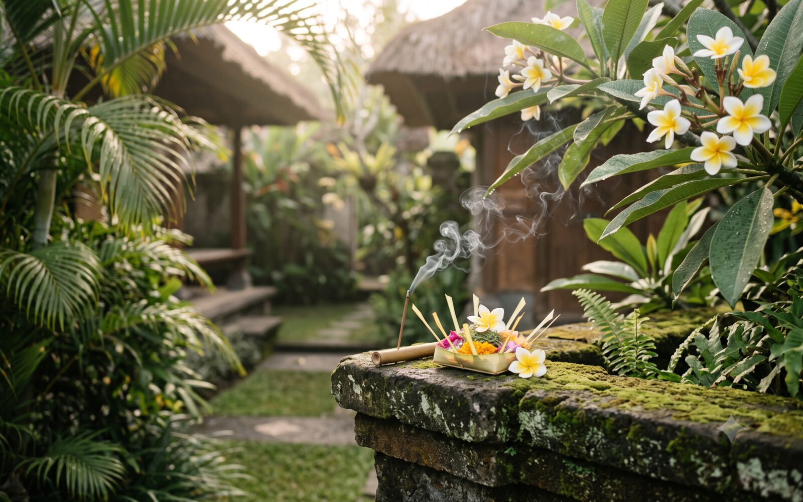 Balinese canang sari offering with incense in a tropical garden at morning