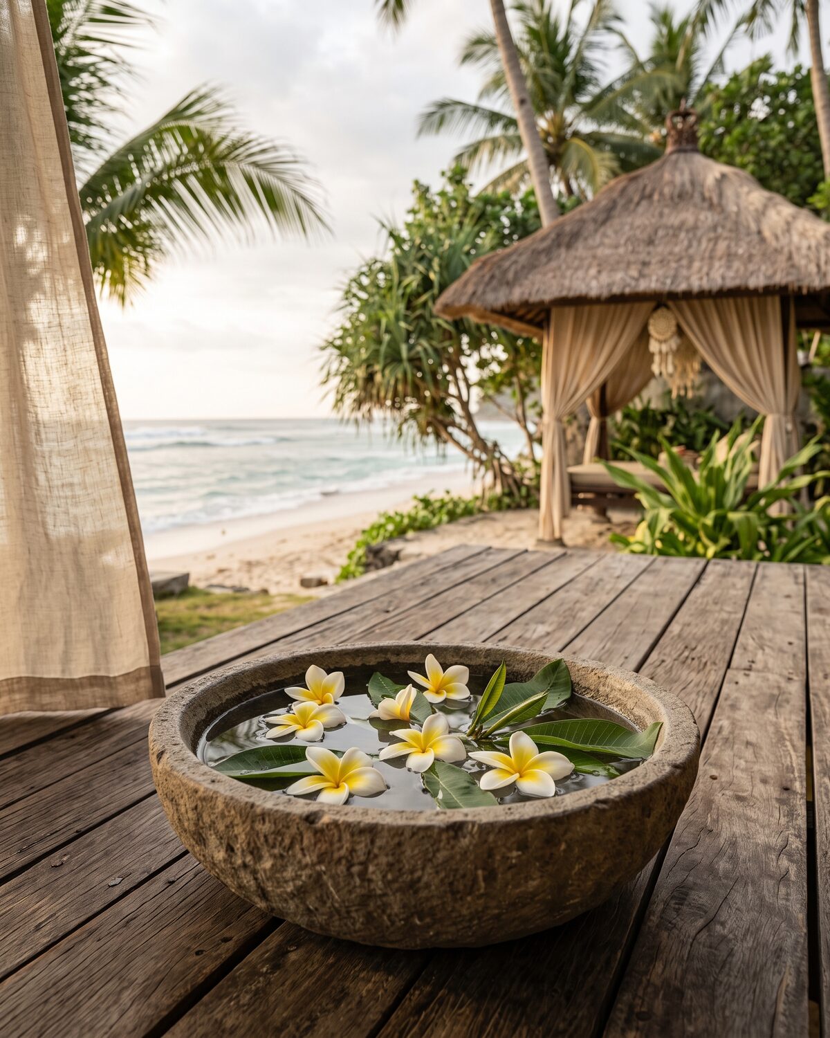 Stone bowl of frangipani flowers on a beachside wooden deck