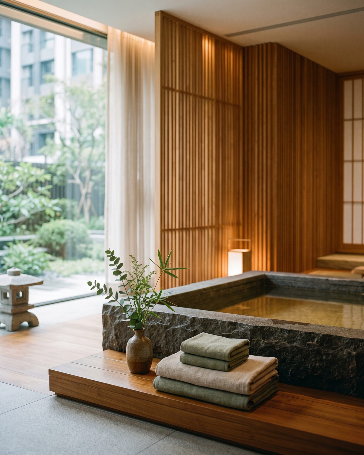Modern minimalist urban wellness spa interior with warm wood and stone bath