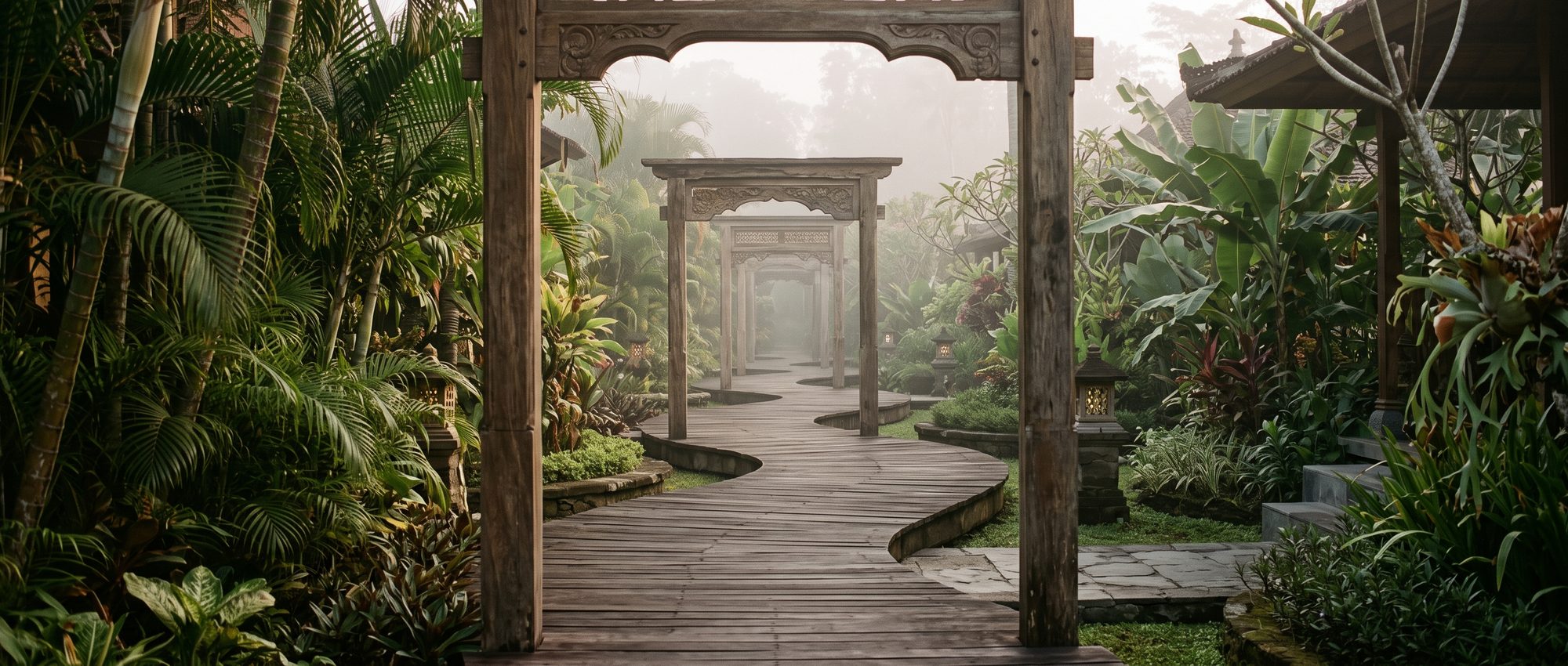 Misty teak walkway with carved wooden archways through a tropical resort garden