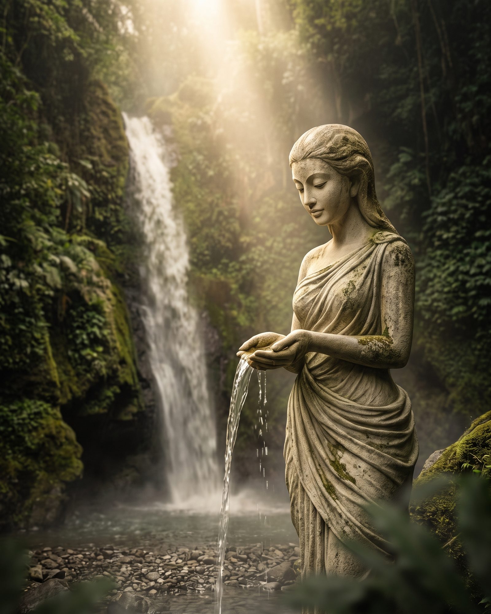 A stone guardian figure gently pours water from cupped hands beneath a misty waterfall, a symbolic representation of the Dedari spirit