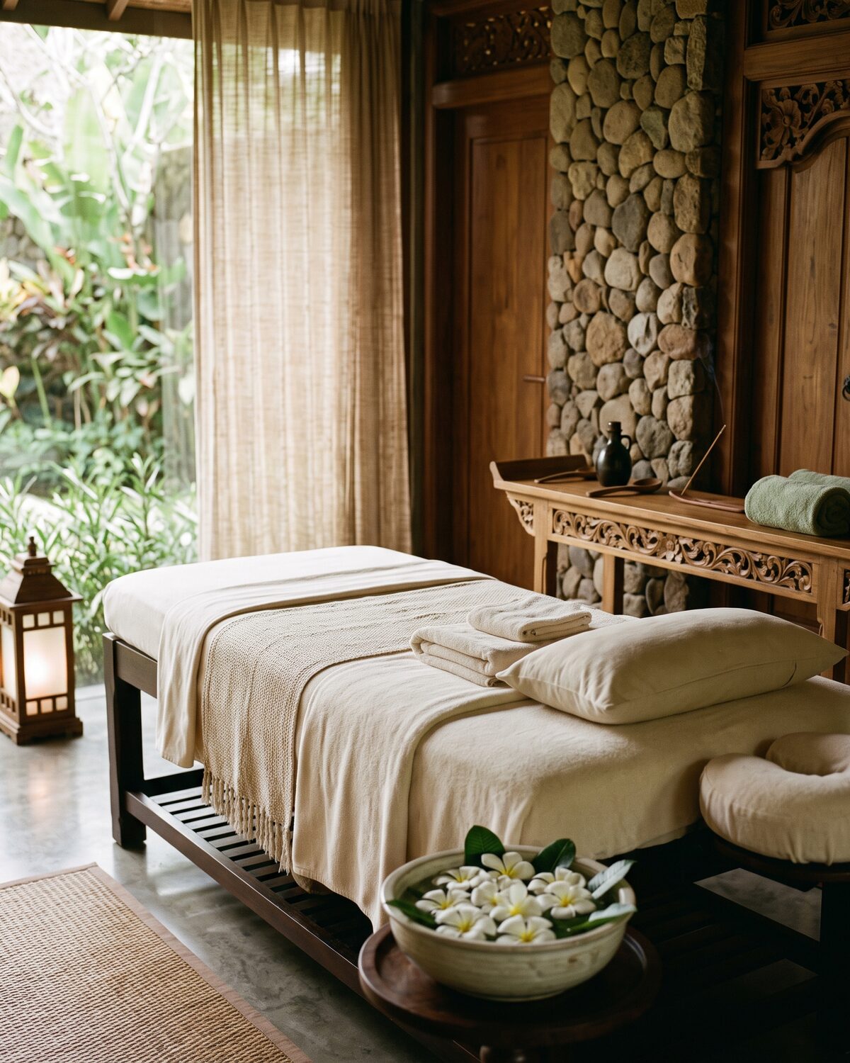 Balinese spa treatment room with carved wood and frangipani