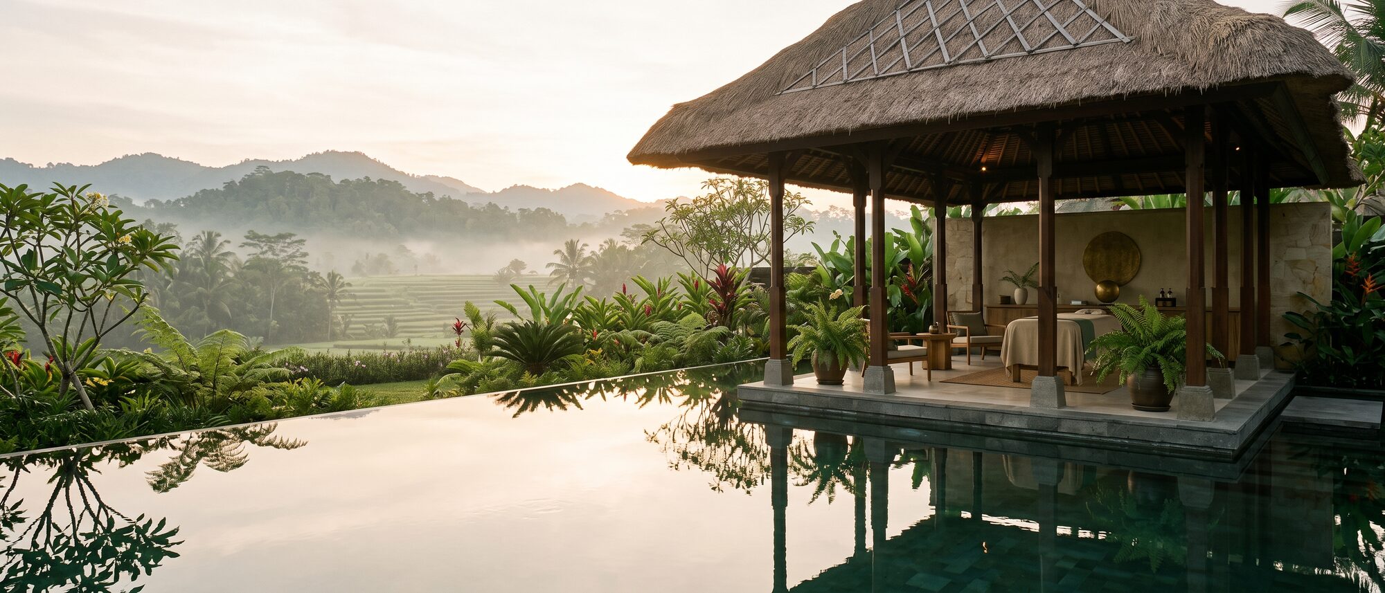 Tropical spa pavilion at dawn overlooking misty rice terraces
